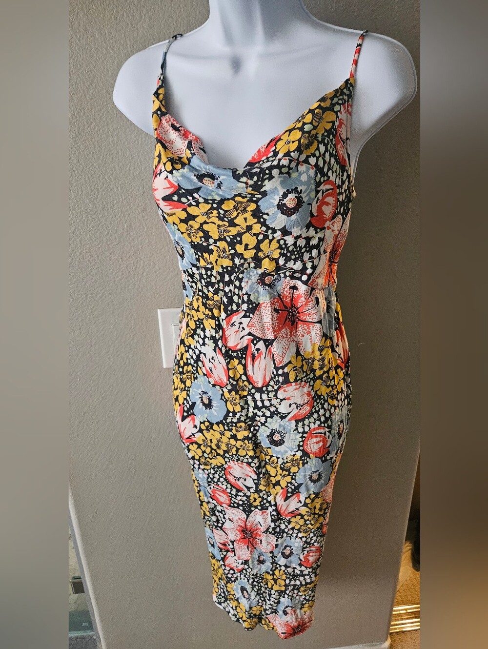 Anthropologie Elyse Floral Bias Cut Slip Cowl Midi Dress Multi Side Slit Size‎ M